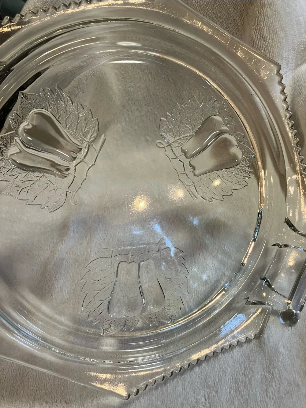 vintage Jeannette Glass Baltimore Pear handled cake plate embossed pears